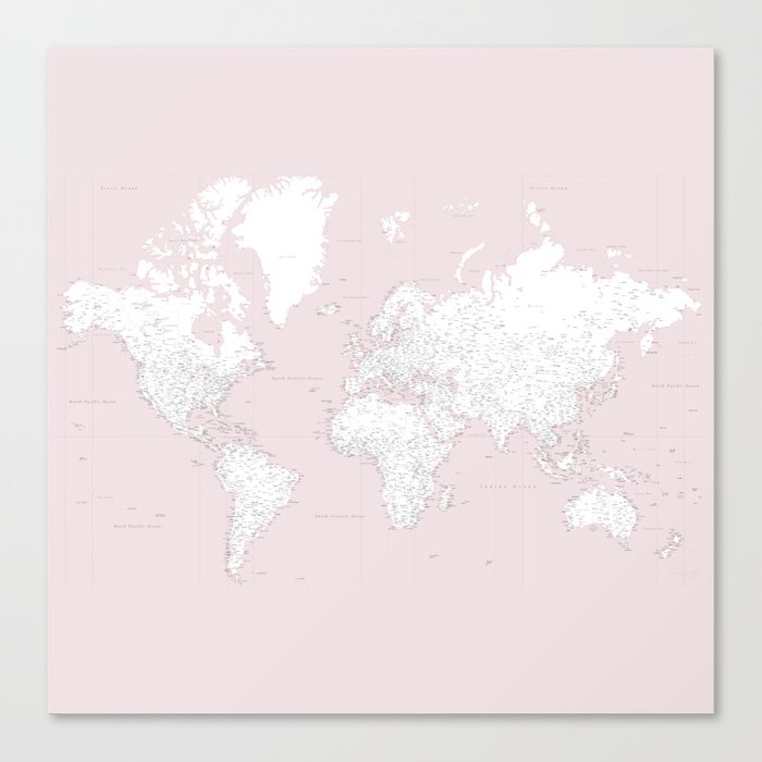 Pink World Map Canvas World Map, Highly Detailed In Dusty Pink And White, Square Canvas Print By  Blursbyaishop | Society6