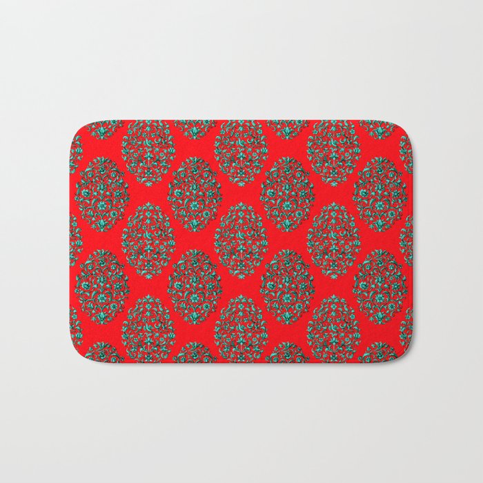 Birds and Flowers Baroque Pattern - Red Teal Bath Mat