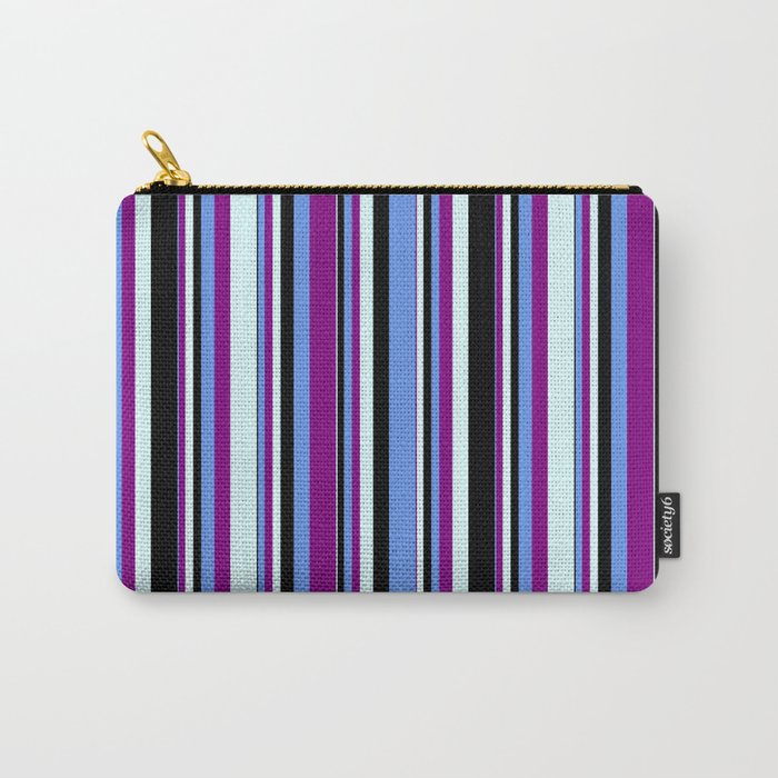 Cornflower Blue, Purple, Light Cyan, and Black Colored Stripes Pattern Carry-All Pouch
