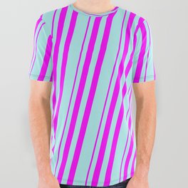 [ Thumbnail: Fuchsia & Turquoise Colored Striped/Lined Pattern All Over Graphic Tee ]