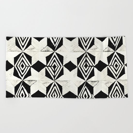 Tribal Shibori Stars Black and Cream Beach Towel