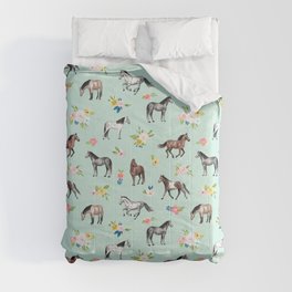 Horses and Small Flowers, Mint Blue, Horse Decor, Floral Print, Horse Art Comforter
