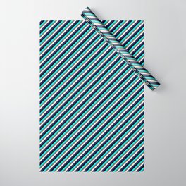 [ Thumbnail: Aqua, Dim Gray, Light Yellow, Midnight Blue & Black Colored Stripes/Lines Pattern Wrapping Paper ]