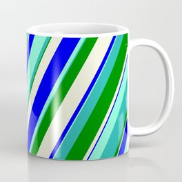 [ Thumbnail: Vibrant Aquamarine, Light Sea Green, Green, Beige, and Blue Colored Lines Pattern Coffee Mug ]