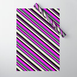 [ Thumbnail: Fuchsia, Dark Slate Gray, Light Yellow, and Black Colored Lined Pattern Wrapping Paper ]