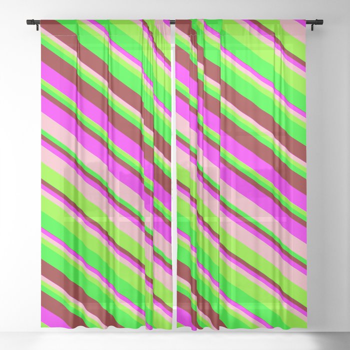 Vibrant Fuchsia, Light Pink, Green, Lime, and Maroon Colored Pattern of Stripes Sheer Curtain