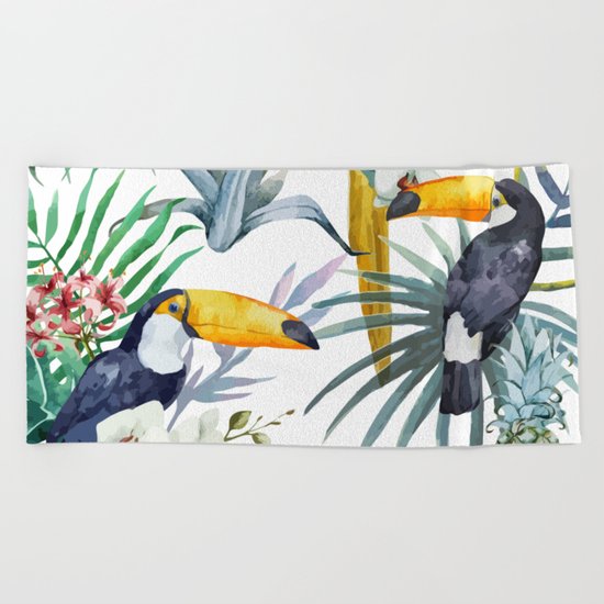Big Tropical Pattern Toucans Parrot Pineapples Beach Towel