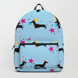 Party Dachshund Dog with Party Hat and Confetti on Blue Background Backpack