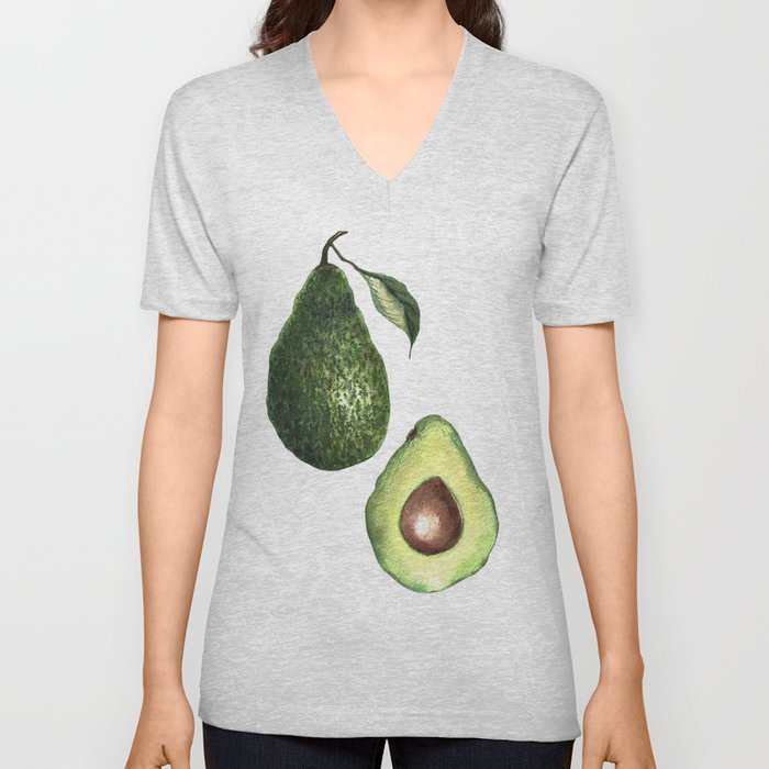 Watercolour painted avocado fruit with leaves sliced V Neck T Shirt