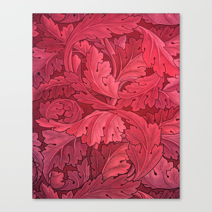 William Morris herbaceous acanthus crimson red Italian Laurel textile floral leaf print for duvet, curtain, pillow, bathroom, wallpaper, and home and wall decor Canvas Print