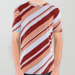 [ Thumbnail: Lavender, Maroon, and Dark Salmon Colored Striped/Lined Pattern All Over Graphic Tee ]