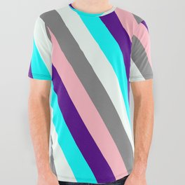 [ Thumbnail: Colorful Indigo, Cyan, Mint Cream, Grey, and Light Pink Colored Lined/Striped Pattern All Over Graphic Tee ]