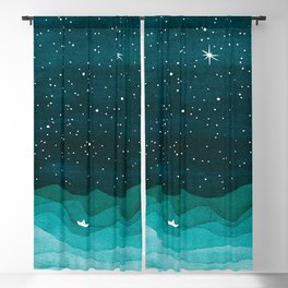 Starry Ocean, teal sailboat watercolor sea waves night Blackout Curtain