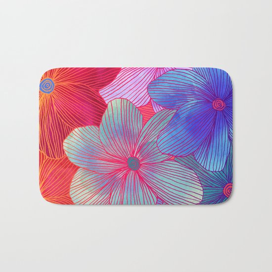 Between the Lines 2 - tropical flowers in purple, pink, blue & orange Bath Mat