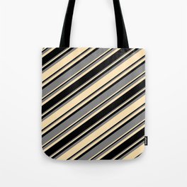 [ Thumbnail: Black, Grey & Beige Colored Striped Pattern Tote Bag ]
