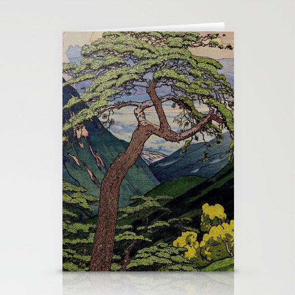 The Downwards Climbing - Summer Tree & Mountain Ukiyoe Nature Landscape in Green Stationery Cards