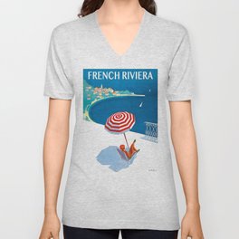 1954 FRENCH RIVIERA Travel Poster V Neck T Shirt