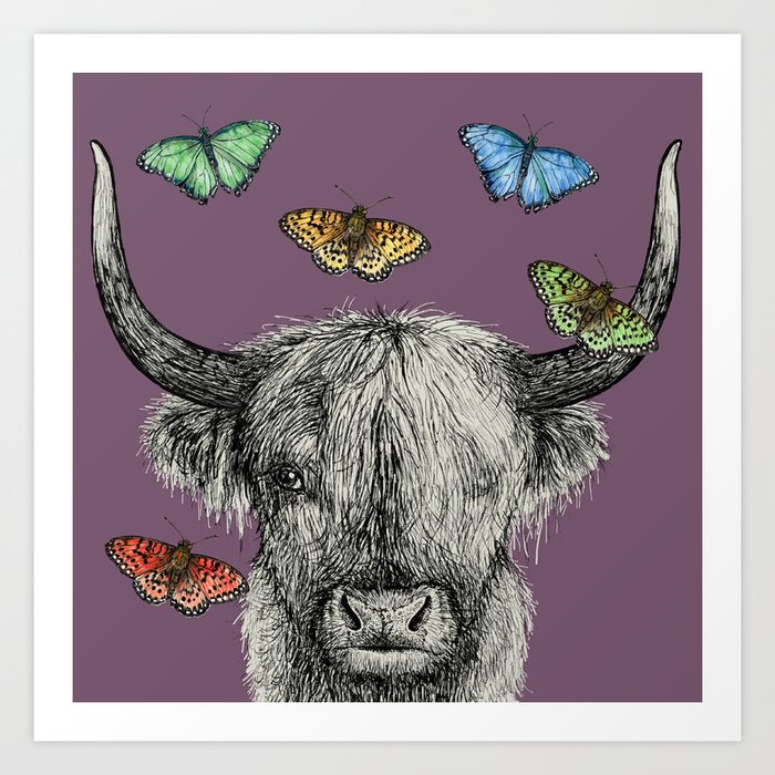 Heather the Highland Cow, Butterflies, pen and ink illustrations, purple Art Print