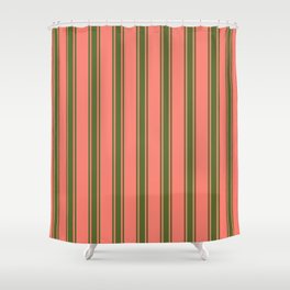 [ Thumbnail: Salmon & Dark Olive Green Colored Stripes Pattern Shower Curtain ]