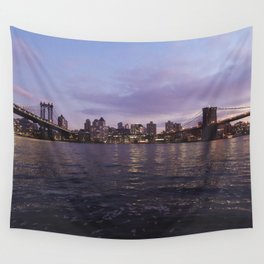 Between Two Iconic New York Bridges Wall Tapestry | Purple, Manhattan, Sunset, Iconic, Manhattan Bridge, Usa, Nyc, New York, American, Brooklyn Bridge 