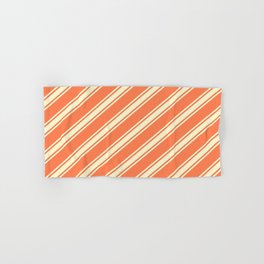 [ Thumbnail: Coral and Light Yellow Colored Stripes/Lines Pattern Hand & Bath Towel ]
