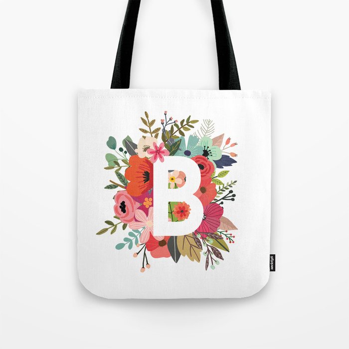 b monogrammed floral initial tote bag by themessinger society6