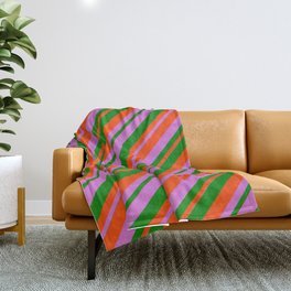 [ Thumbnail: Orchid, Green & Red Colored Stripes/Lines Pattern Throw Blanket ]