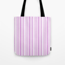 [ Thumbnail: White and Plum Colored Pattern of Stripes Tote Bag ]