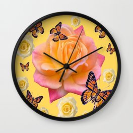 MONARCH BUTTERFLIES ROSE GARDEN ABSTRACT YELLOW ART Wall Clock