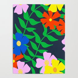 80’s Summer Flowers Pink, Yellow, Blue And Red On Navy Poster