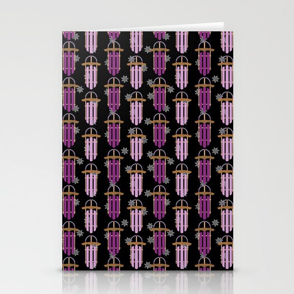 Hygge Style Purple and Pink Winter Holiday Sleds with Falling Snowflakes- Black Stationery Cards