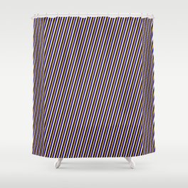 [ Thumbnail: Bisque, Black, Goldenrod, and Blue Colored Pattern of Stripes Shower Curtain ]