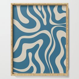 Modern Retro Liquid Swirl Abstract Pattern Vertical in Boho Blue and Beige Serving Tray