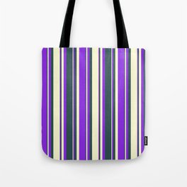 [ Thumbnail: Dark Slate Gray, Light Yellow, and Purple Colored Lines/Stripes Pattern Tote Bag ]
