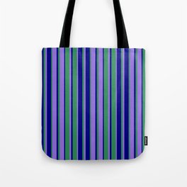 [ Thumbnail: Purple, Sea Green & Blue Colored Stripes/Lines Pattern Tote Bag ]