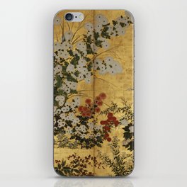 White Red Chrysanthemums Floral Japanese Gold Screen iPhone Skin