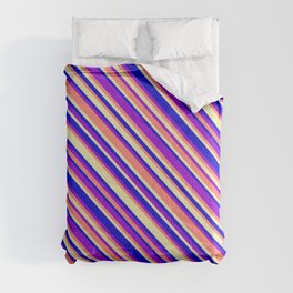 [ Thumbnail: Blue, Dark Violet, Salmon & Pale Goldenrod Colored Lined Pattern Comforter ]