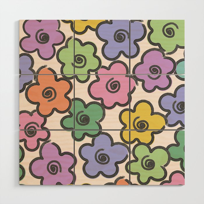 Colorful Flower Market Doodles  Wood Wall Art