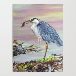 Heron with fish Poster