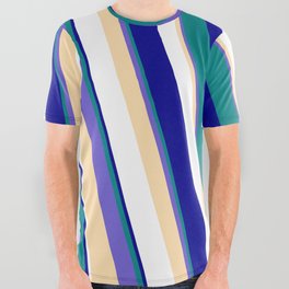 [ Thumbnail: Eyecatching Teal, Slate Blue, Tan, White, and Dark Blue Colored Stripes Pattern All Over Graphic Tee ]