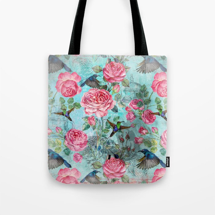 Vintage Watercolor hummingbird and English Roses Tote Bag