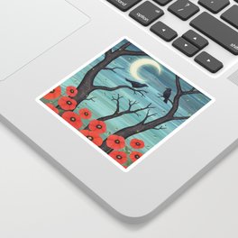 crows, fireflies, and poppies in the moonlight Sticker