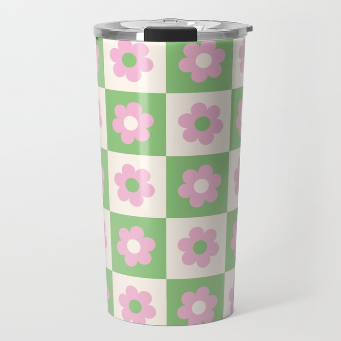 Checkered Daisies in Pink and Green Travel Mug