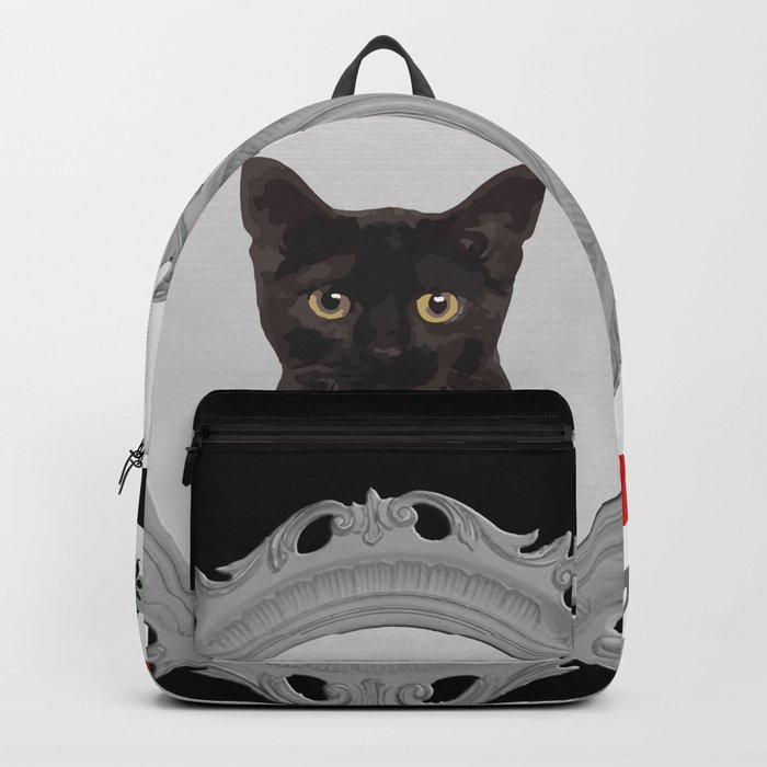 Black Cat Grey Frame Red Stripes Pattern Backpack By Move Art