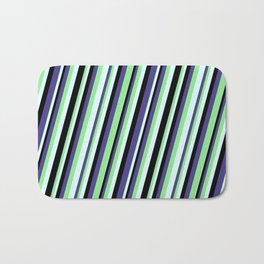 [ Thumbnail: Dark Slate Blue, Light Green, Light Cyan & Black Colored Lines/Stripes Pattern Bath Mat ]