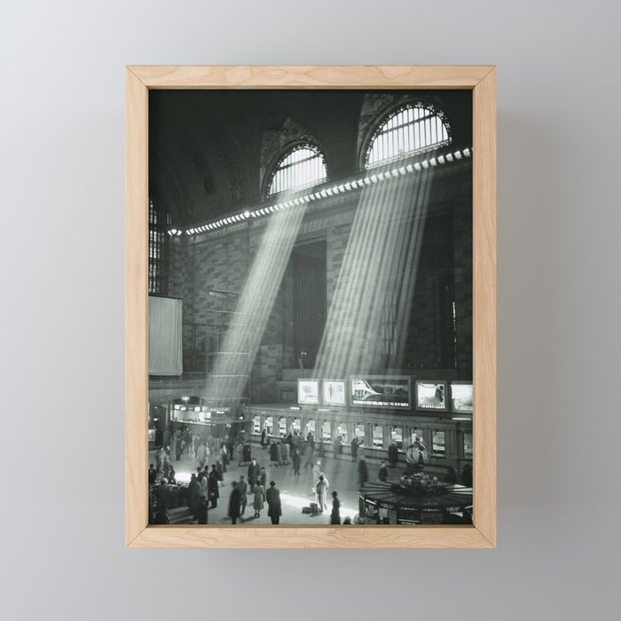 Grand Central Station, Rays of Sunlight spilling in terminal, New York City black and white photograph Framed Mini Art Print