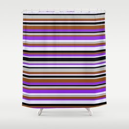 [ Thumbnail: Grey, Brown, Purple, Lavender & Black Colored Pattern of Stripes Shower Curtain ]