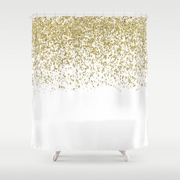 Sparkling gold glitter confetti on simple white background - Pattern Shower Curtain