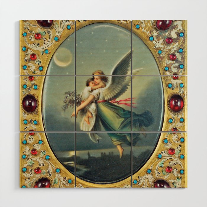 The Guardian Angel in flight over twilight in the city bejeweled portrait painting Wood Wall Art