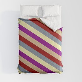 [ Thumbnail: Vibrant Pale Goldenrod, Purple, Tan, Dark Red & Light Slate Gray Colored Striped Pattern Comforter ]